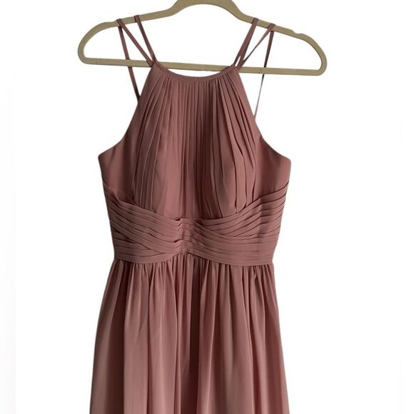JJ's House Halter Pleated Bridesmaid Maxi Chiffon Gown Dusty Rose Open Back Sz.8 - Picture 11 of 11